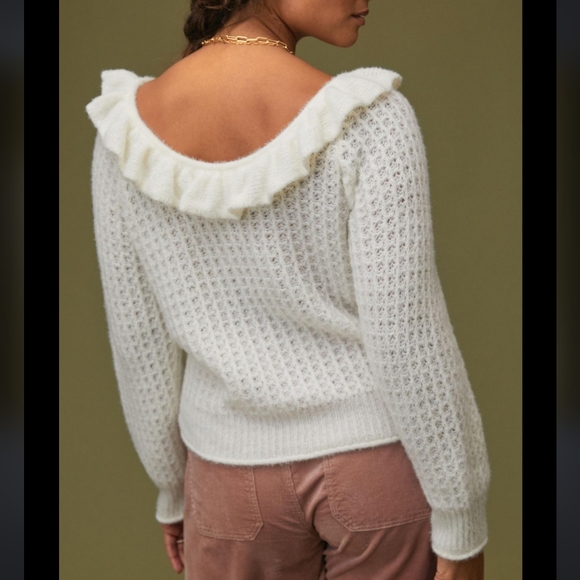 Anthropologie - White Ruffle Boat Neck Knit Sweater- Size M - Picture 4 of 9